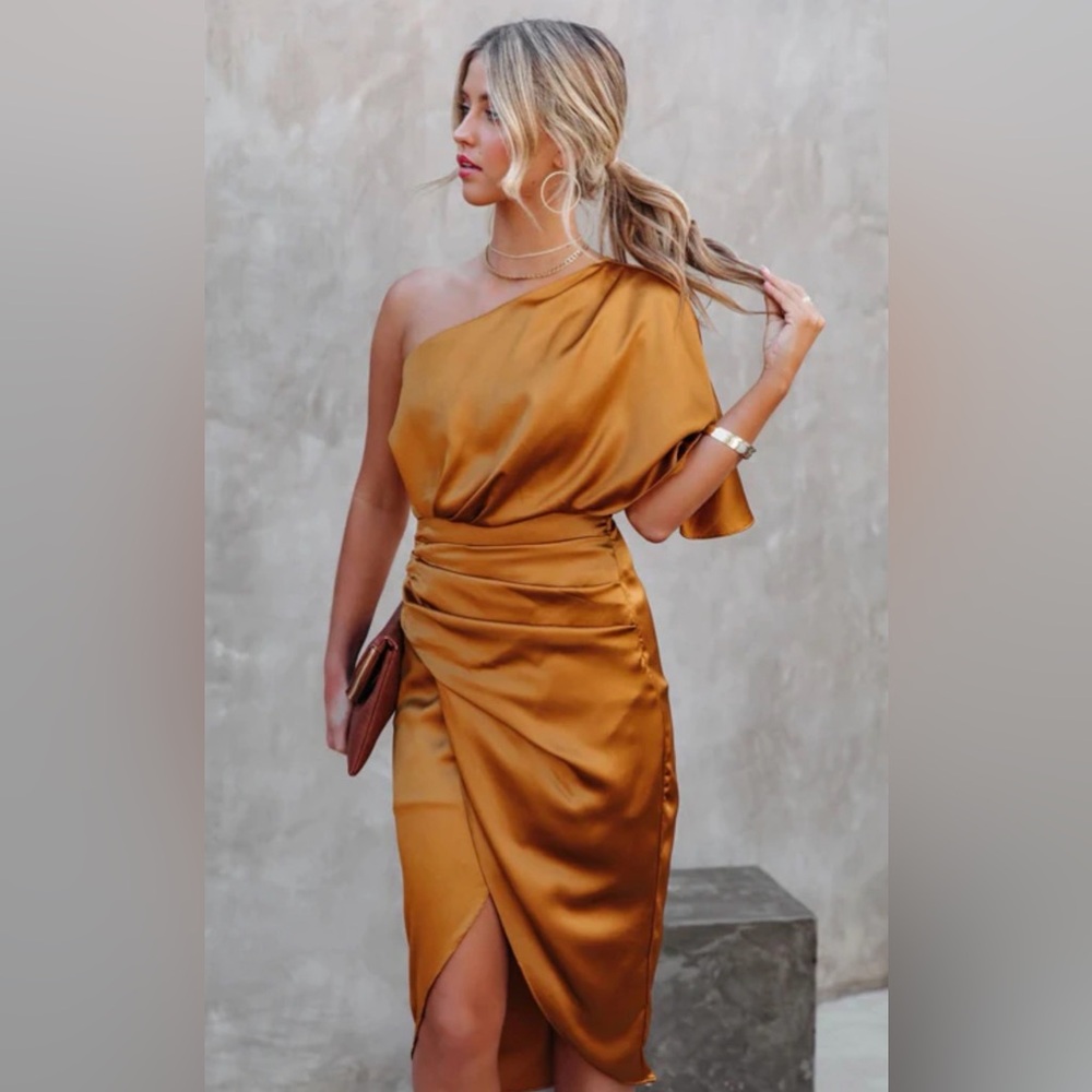 Gold Satin One-Shoulder Midi Dress